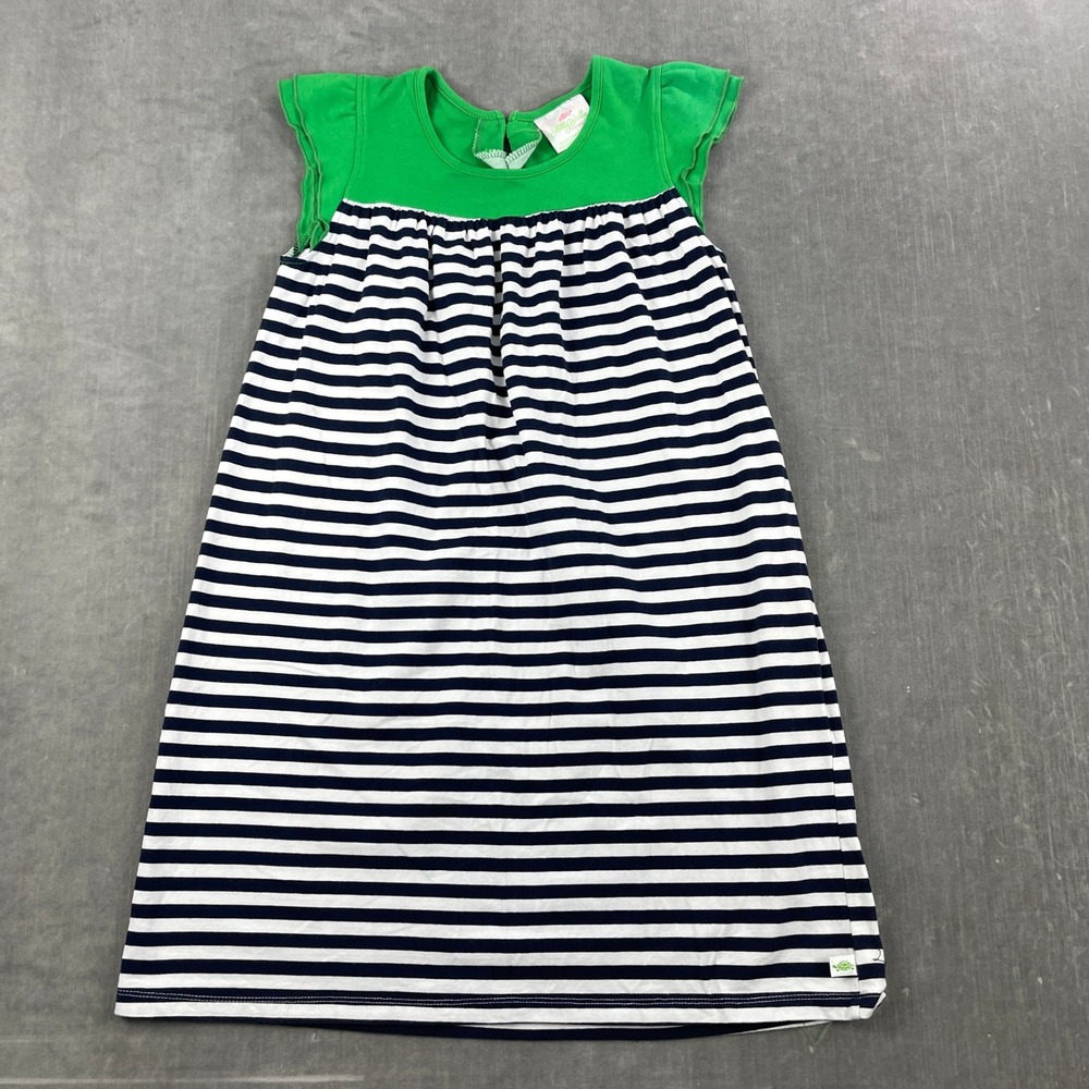 Lolly Wolly Doodle Girls 10 Green Navy Blue‎ Striped Knit Dress Ruffle Sleeve